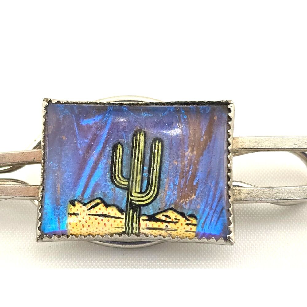 Vintage Tie Clip Blue Morpho Butterfly Wing Desert Cactus Landscape Southwest